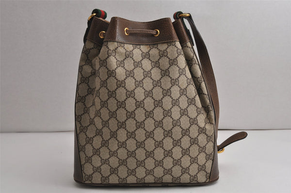 Authentic GUCCI Web Sherry Line Drawstring Bag GG PVC Leather Brown Junk 0417K