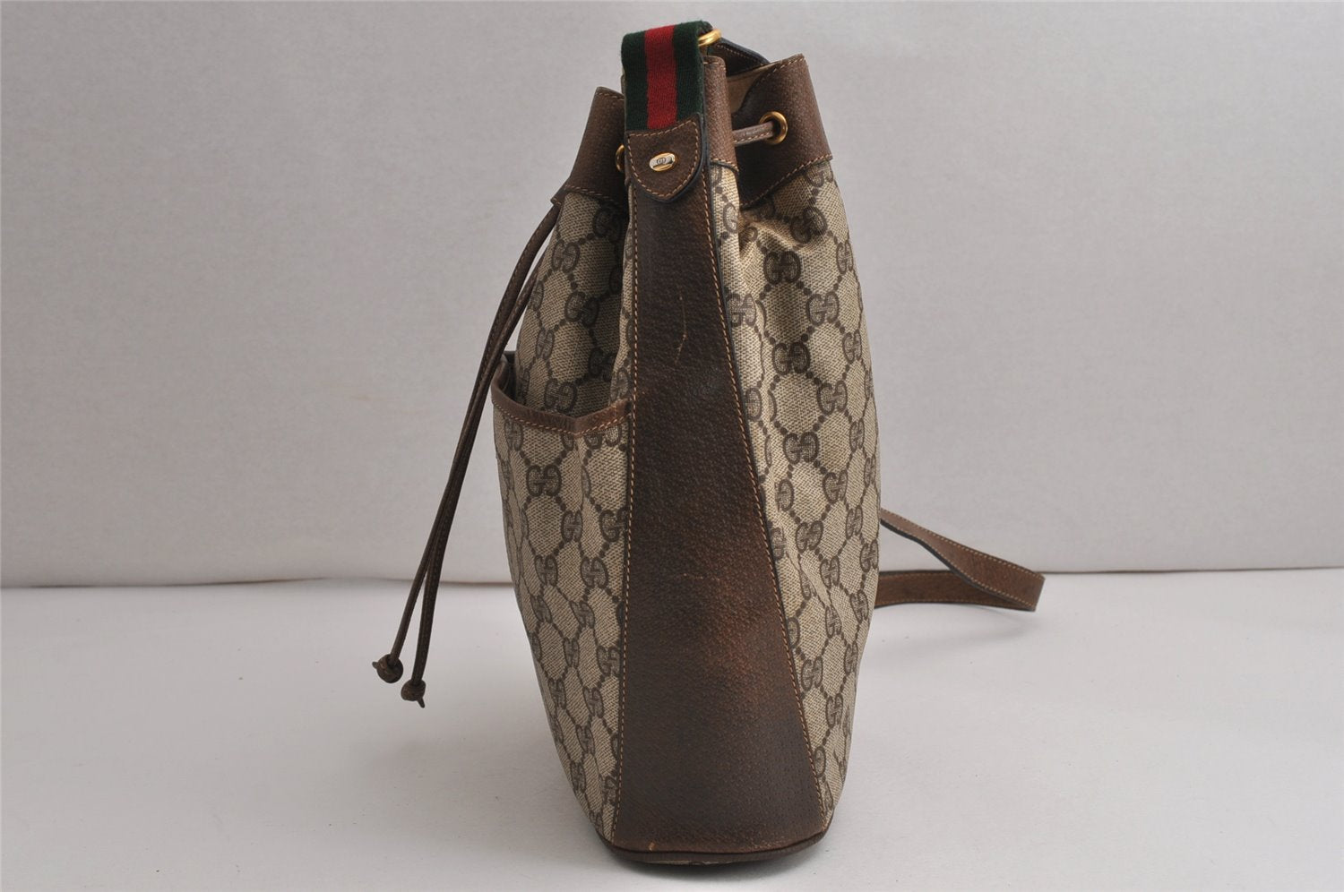 Authentic GUCCI Web Sherry Line Drawstring Bag GG PVC Leather Brown Junk 0417K