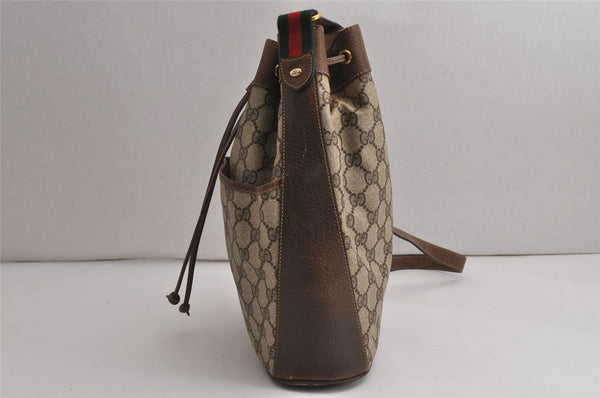Authentic GUCCI Web Sherry Line Drawstring Bag GG PVC Leather Brown Junk 0417K