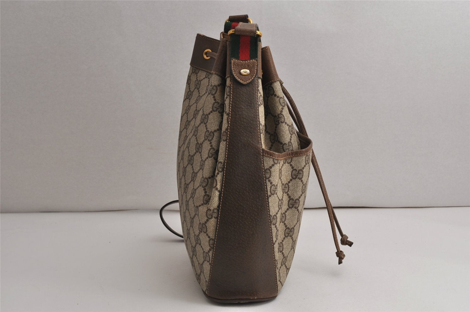 Authentic GUCCI Web Sherry Line Drawstring Bag GG PVC Leather Brown Junk 0417K