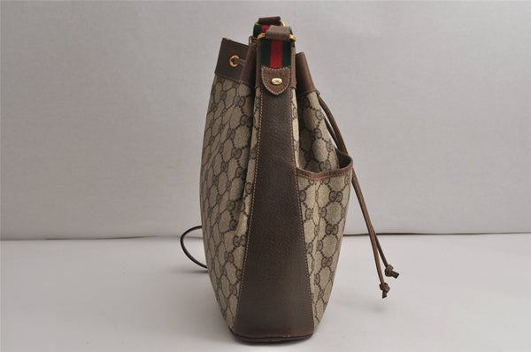 Authentic GUCCI Web Sherry Line Drawstring Bag GG PVC Leather Brown Junk 0417K