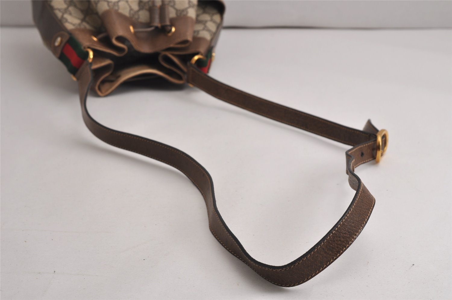 Authentic GUCCI Web Sherry Line Drawstring Bag GG PVC Leather Brown Junk 0417K