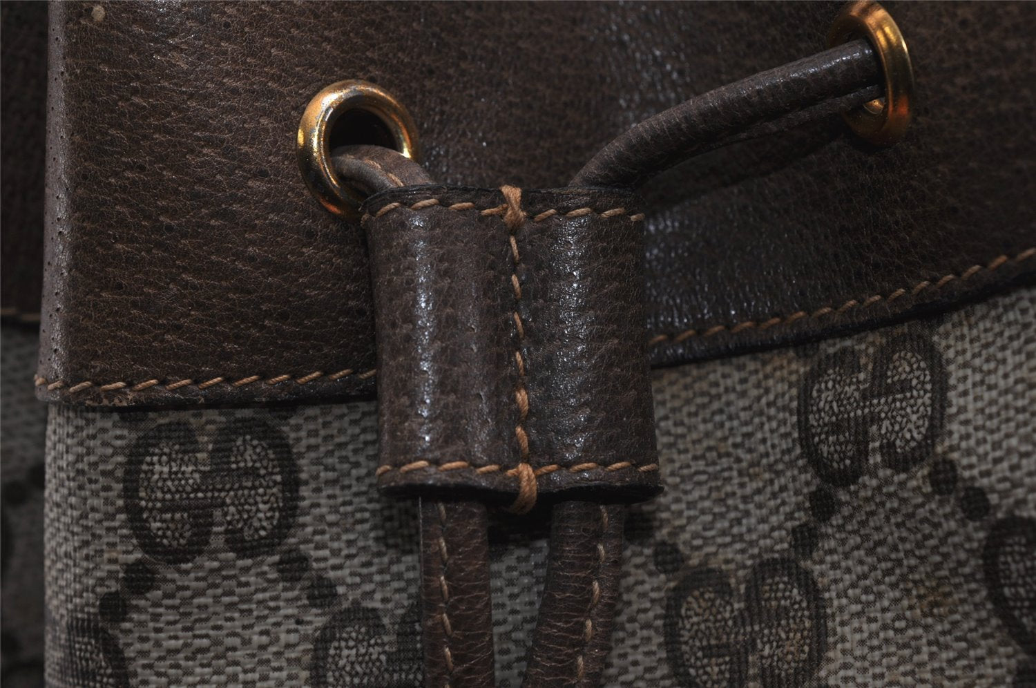 Authentic GUCCI Web Sherry Line Drawstring Bag GG PVC Leather Brown Junk 0417K