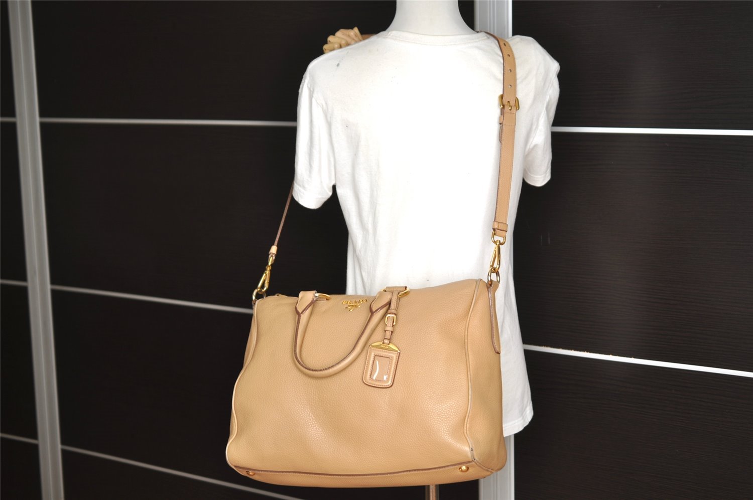Authentic PRADA Vintage Leather Nappa 2Way Shoulder Hand Bag Beige 0420J