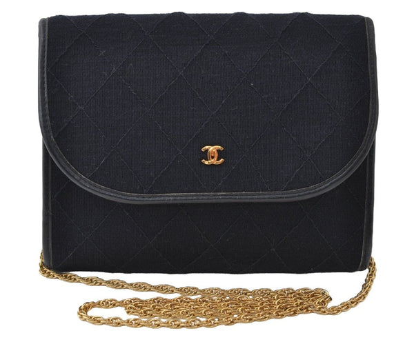 Authentic CHANEL Cotton Leather Matelasse Chain Shoulder Cross Bag Navy CC 0422J