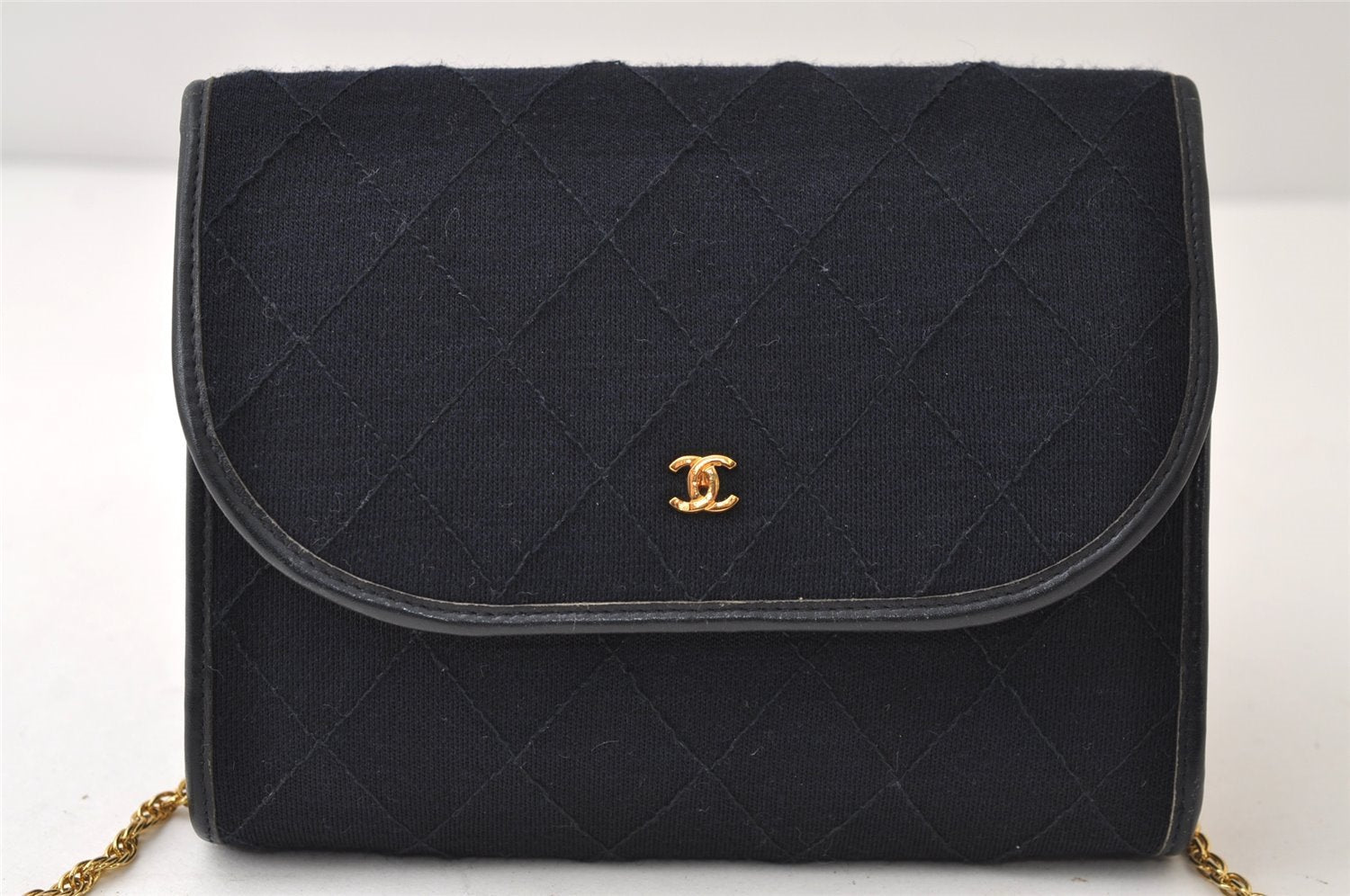 Authentic CHANEL Cotton Leather Matelasse Chain Shoulder Cross Bag Navy CC 0422J