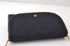 Authentic CHANEL Cotton Leather Matelasse Chain Shoulder Cross Bag Navy CC 0422J