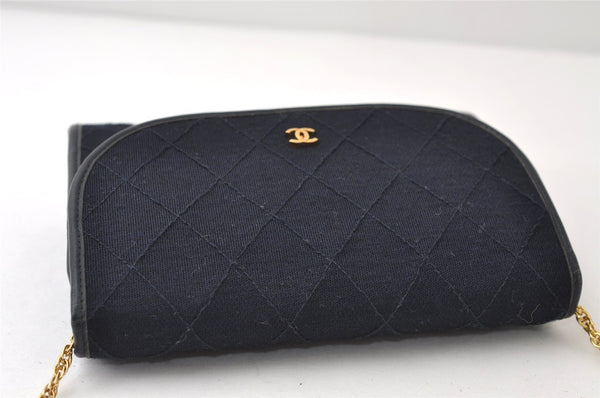 Authentic CHANEL Cotton Leather Matelasse Chain Shoulder Cross Bag Navy CC 0422J