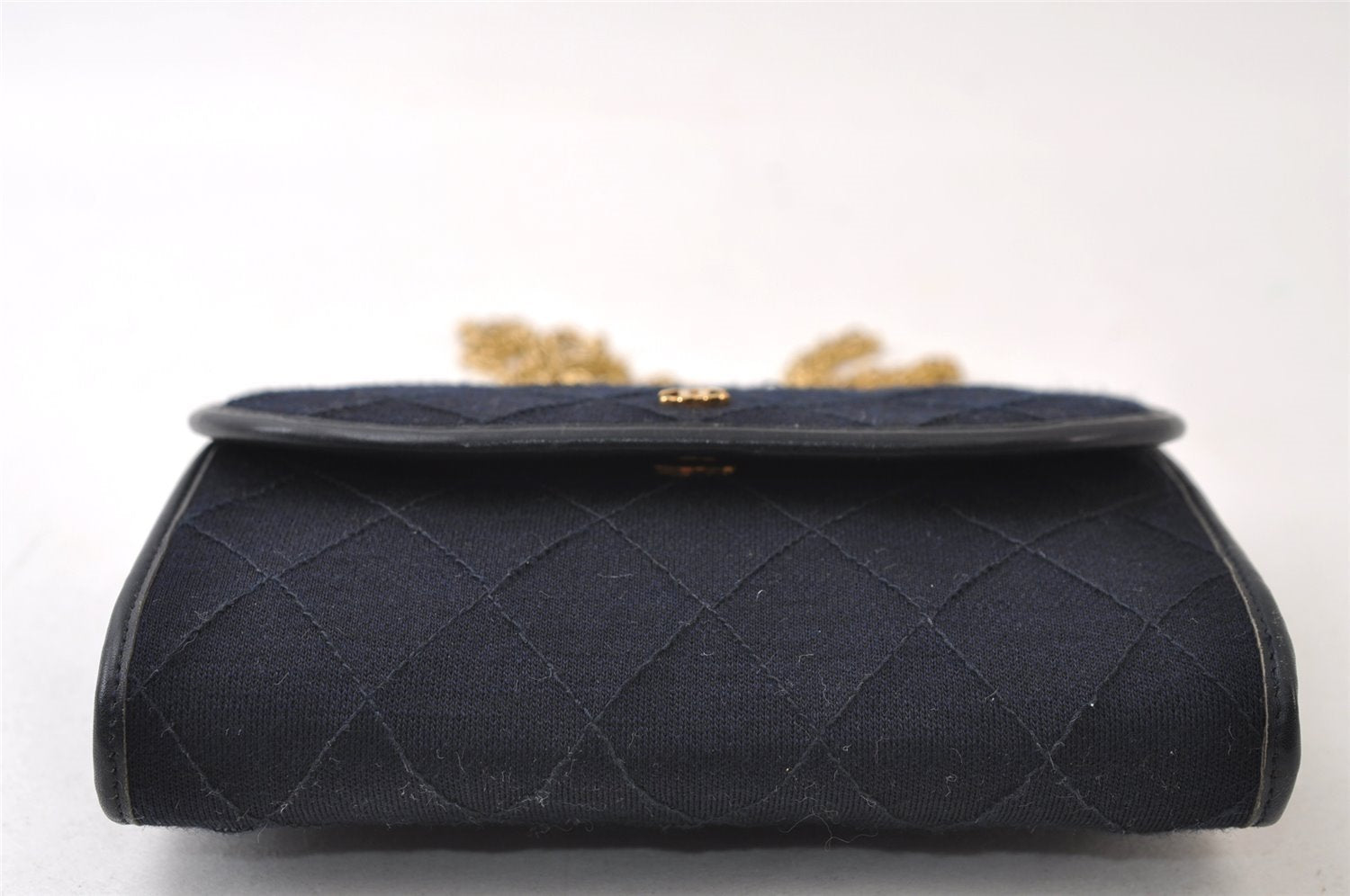 Authentic CHANEL Cotton Leather Matelasse Chain Shoulder Cross Bag Navy CC 0422J