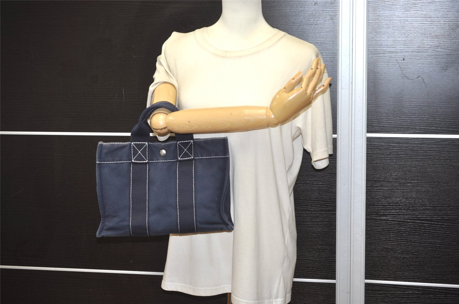 Authentic HERMES Deauville PM Hand Tote Bag Canvas Navy Blue 0422K