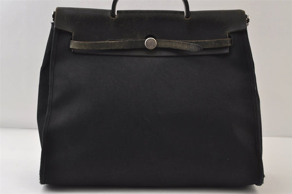 Authentic HERMES Her Bag MM 2Way Shoulder Hand Bag Canvas Leather Black 0425J