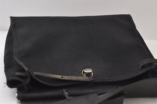 Authentic HERMES Her Bag MM 2Way Shoulder Hand Bag Canvas Leather Black 0425J