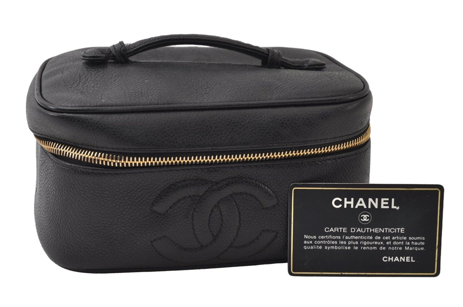 Authentic CHANEL Caviar Skin Vanity Cosmetic Hand Bag Purse Black CC 0426J