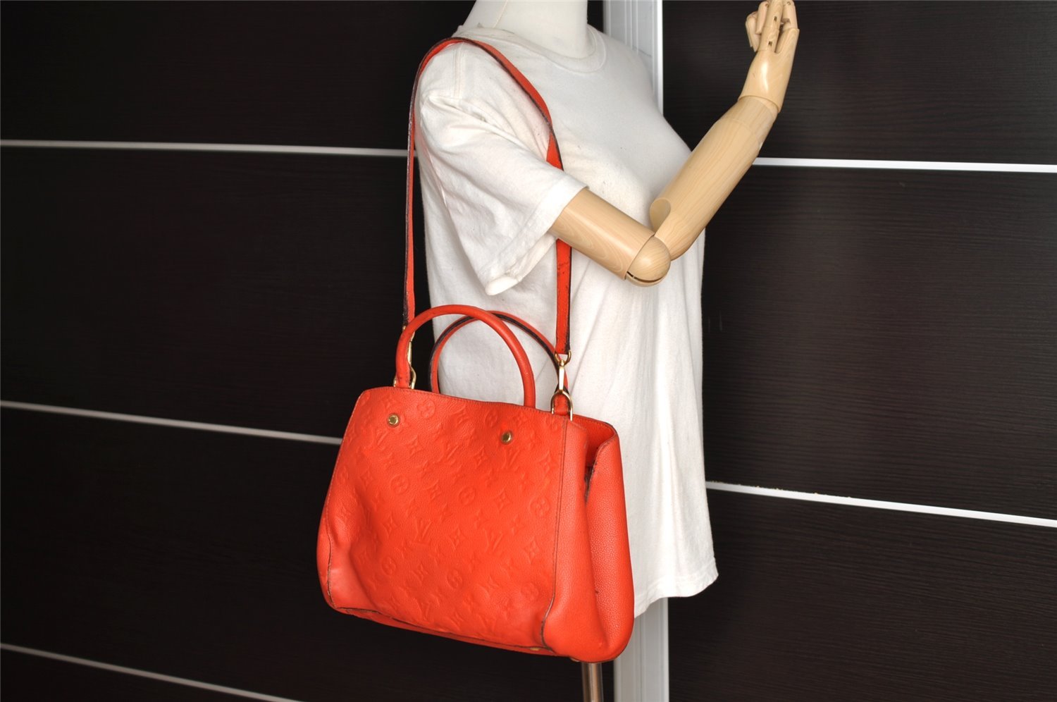 Auth Louis Vuitton Monogram Empreinte Montaigne MM 2Way Hand Bag Red LV 0430J