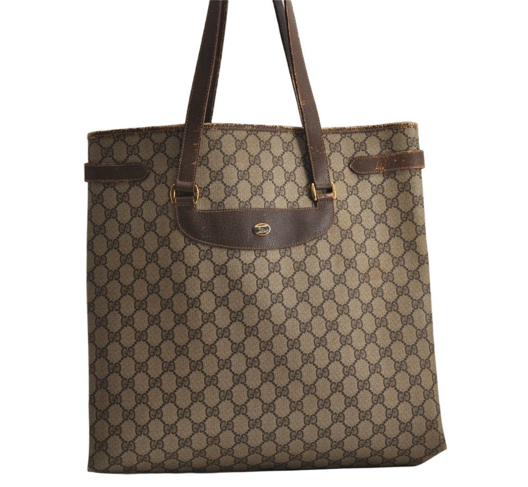 Authentic GUCCI Vintage Shoulder Tote Bag GG PVC Leather Brown 0432K