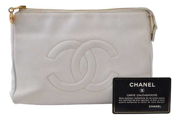 Authentic CHANEL Vintage Caviar Skin Clutch Hand Bag Purse White CC 0436J