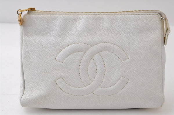 Authentic CHANEL Vintage Caviar Skin Clutch Hand Bag Purse White CC 0436J