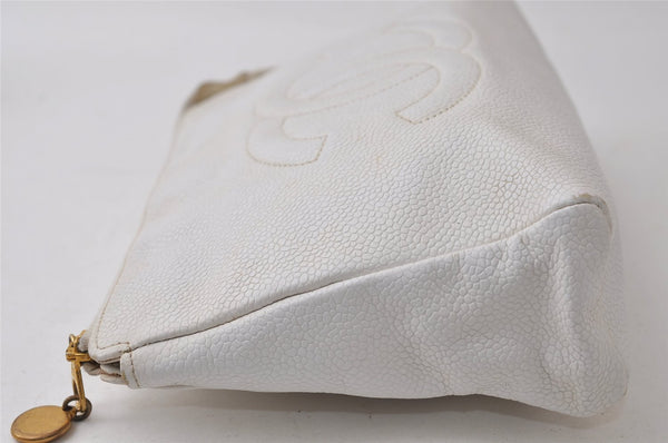 Authentic CHANEL Vintage Caviar Skin Clutch Hand Bag Purse White CC 0436J