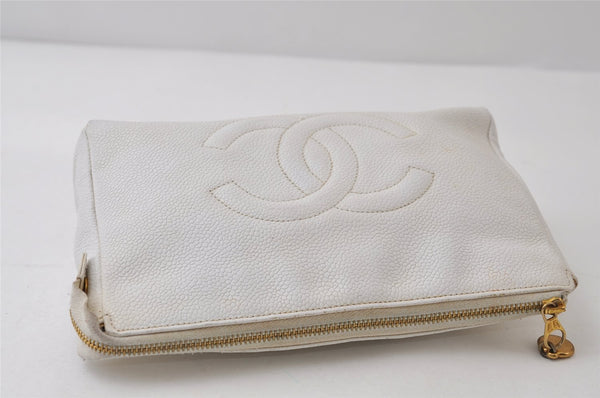 Authentic CHANEL Vintage Caviar Skin Clutch Hand Bag Purse White CC 0436J