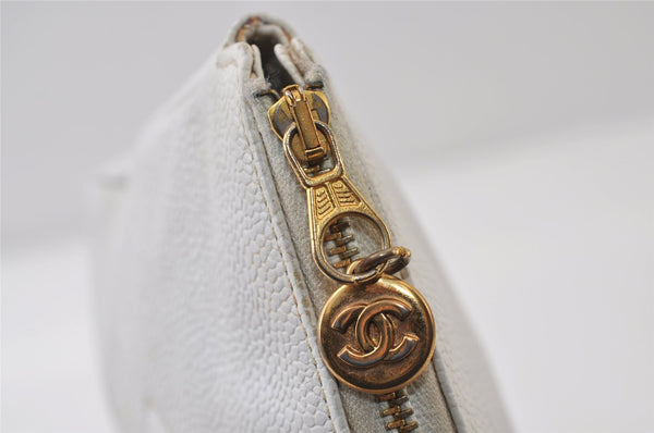 Authentic CHANEL Vintage Caviar Skin Clutch Hand Bag Purse White CC 0436J