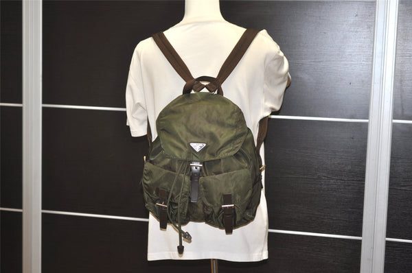 Authentic PRADA Vintage Nylon Tessuto Leather Drawstring Backpack Green 0438K