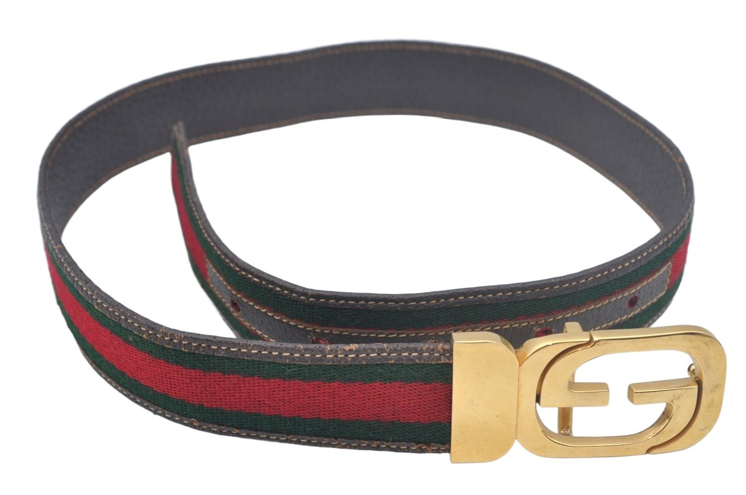 Authentic GUCCI Web Sherry Line Belt Leather Canvas 23.2-27.8