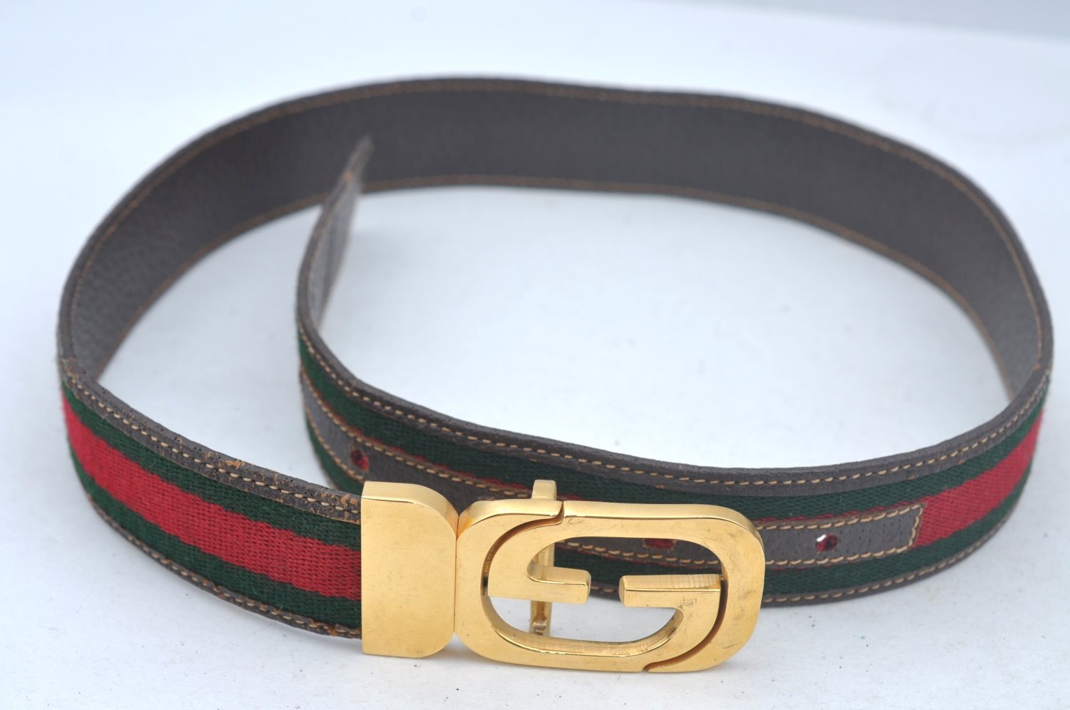 Authentic GUCCI Web Sherry Line Belt Leather Canvas 23.2-27.8