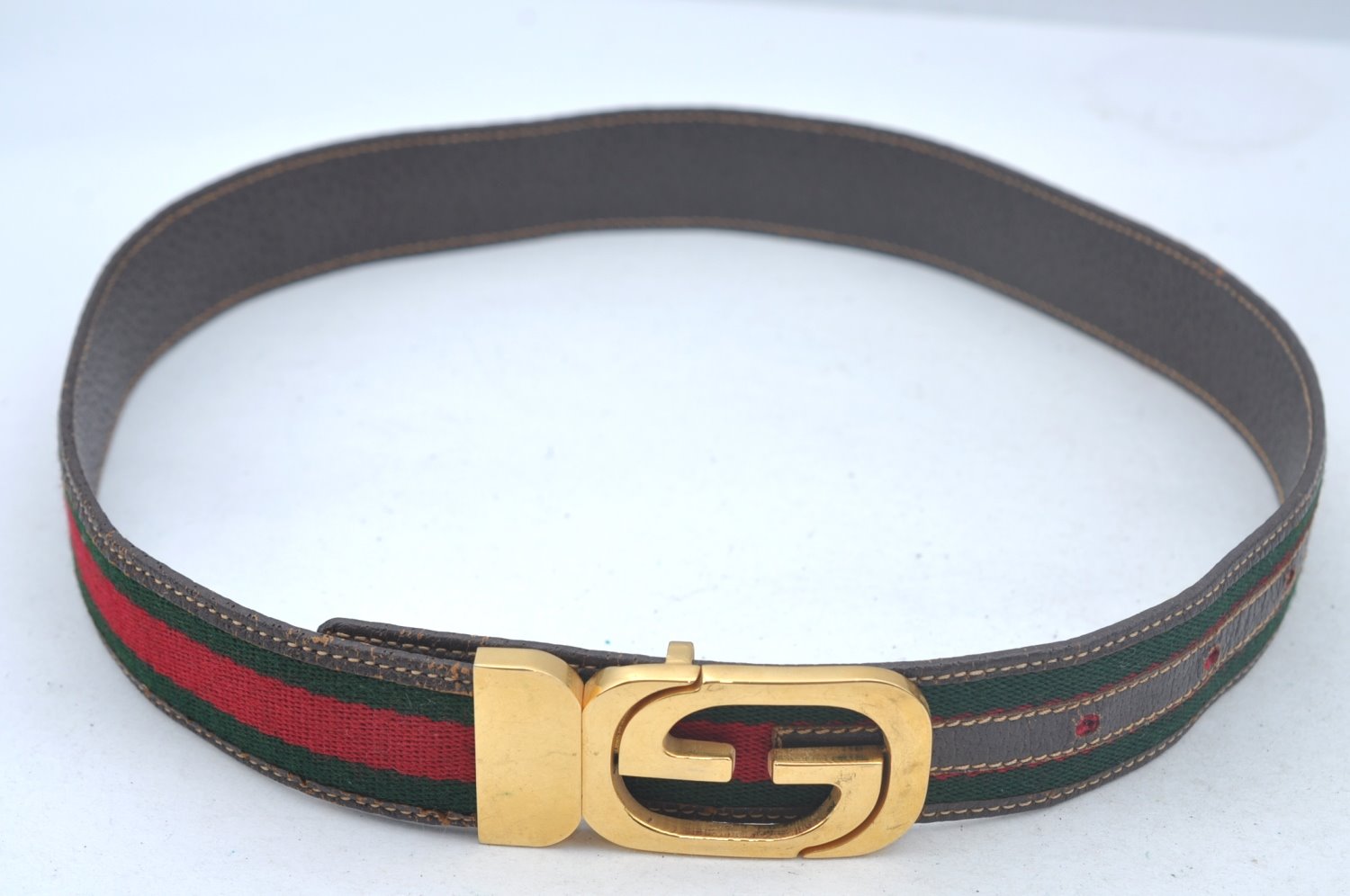 Authentic GUCCI Web Sherry Line Belt Leather Canvas 23.2-27.8