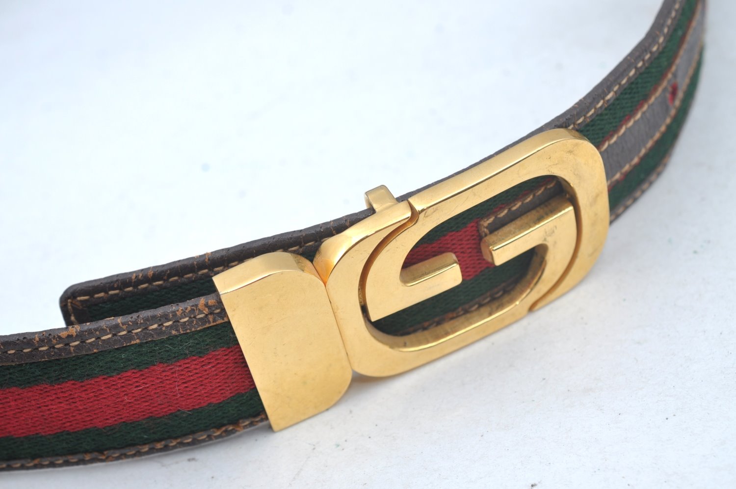 Authentic GUCCI Web Sherry Line Belt Leather Canvas 23.2-27.8