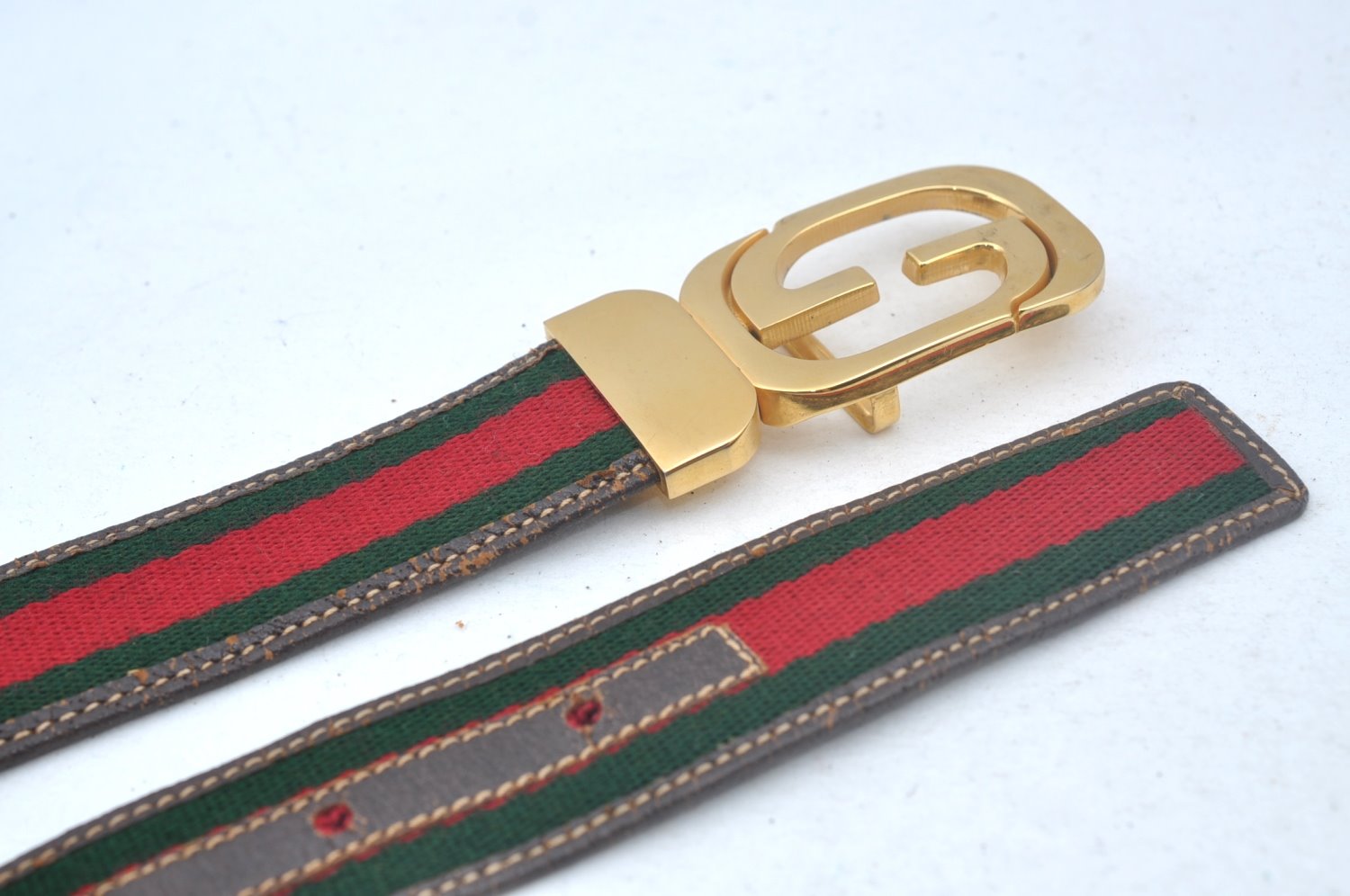 Authentic GUCCI Web Sherry Line Belt Leather Canvas 23.2-27.8