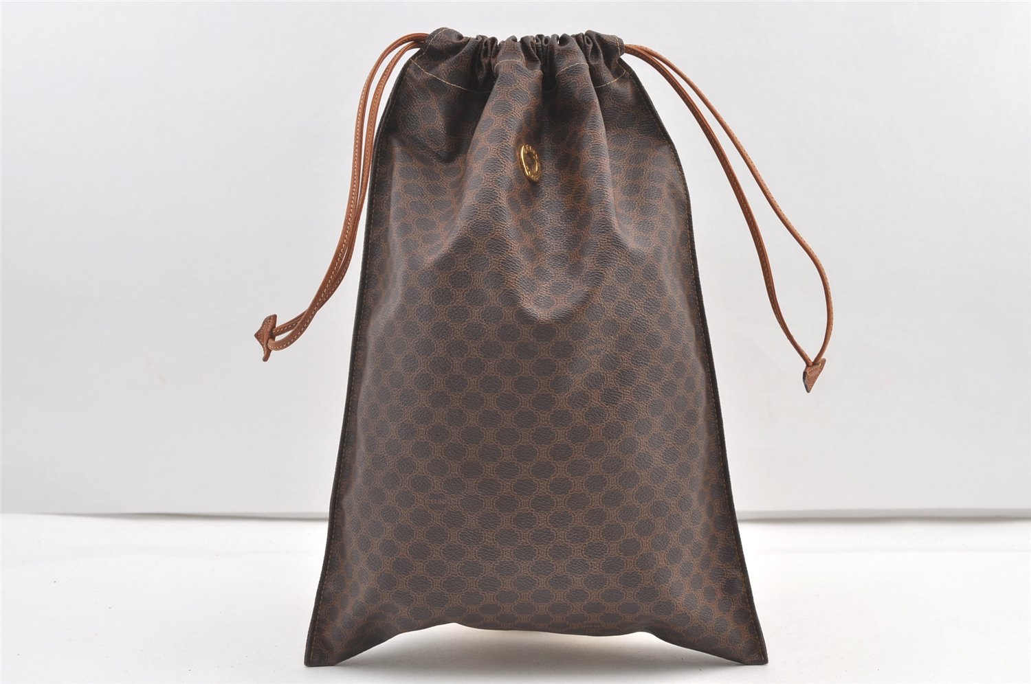 Authentic CELINE Macadam Blason Drawstring Hand Bag PVC Leather Brown 0450K