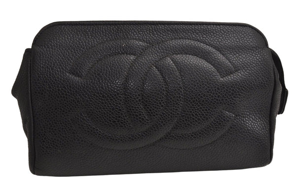 Authentic CHANEL Caviar Skin CC Logo Cosmetic Pouch Purse Black Junk 0453K