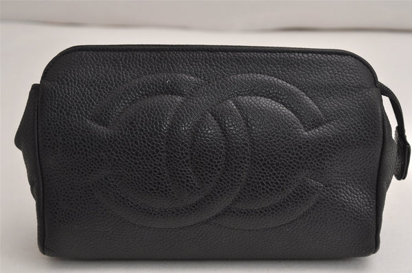 Authentic CHANEL Caviar Skin CC Logo Cosmetic Pouch Purse Black Junk 0453K