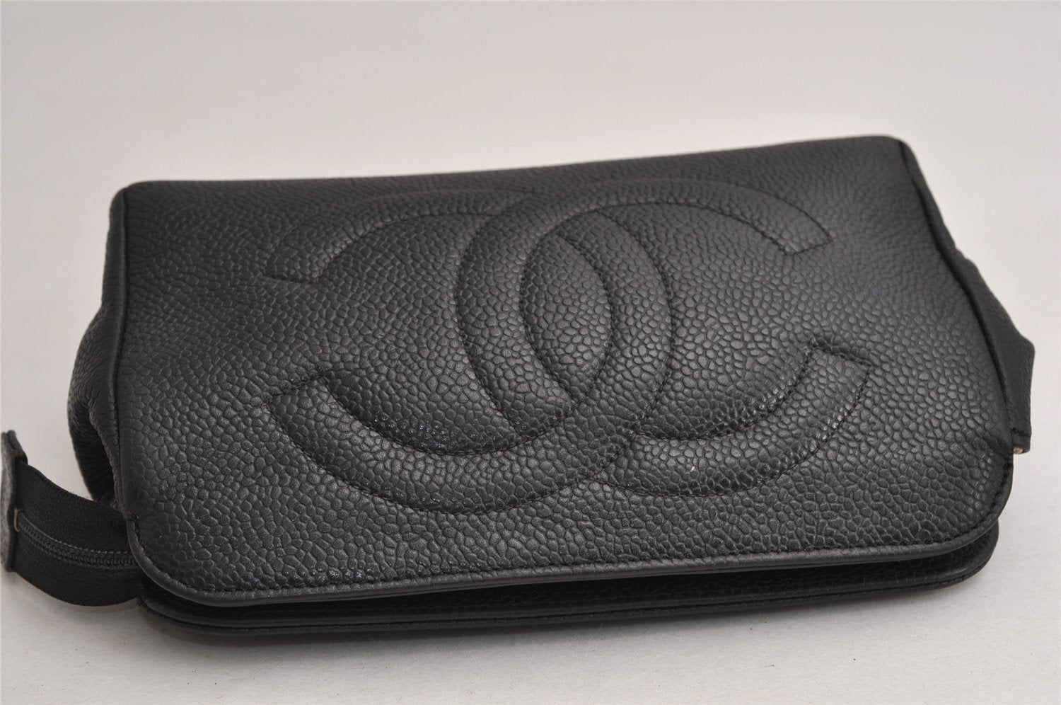 Authentic CHANEL Caviar Skin CC Logo Cosmetic Pouch Purse Black Junk 0453K