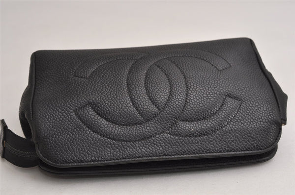 Authentic CHANEL Caviar Skin CC Logo Cosmetic Pouch Purse Black Junk 0453K