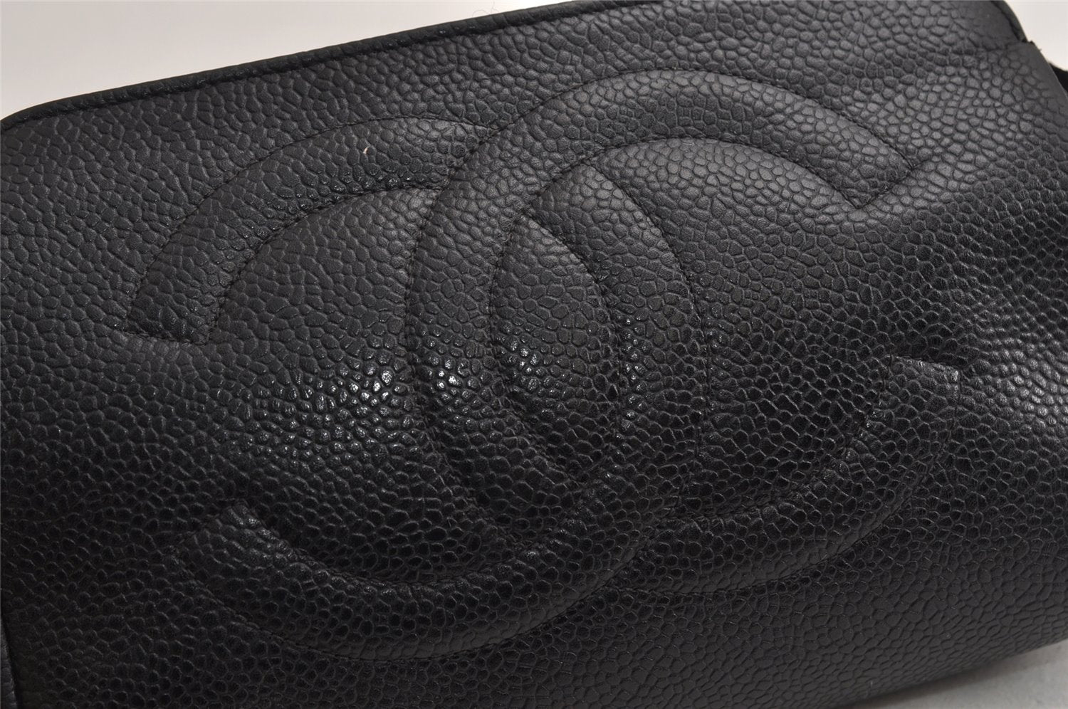 Authentic CHANEL Caviar Skin CC Logo Cosmetic Pouch Purse Black Junk 0453K