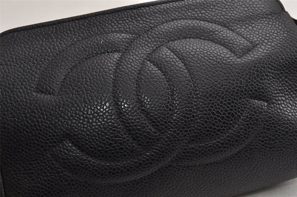 Authentic CHANEL Caviar Skin CC Logo Cosmetic Pouch Purse Black Junk 0453K