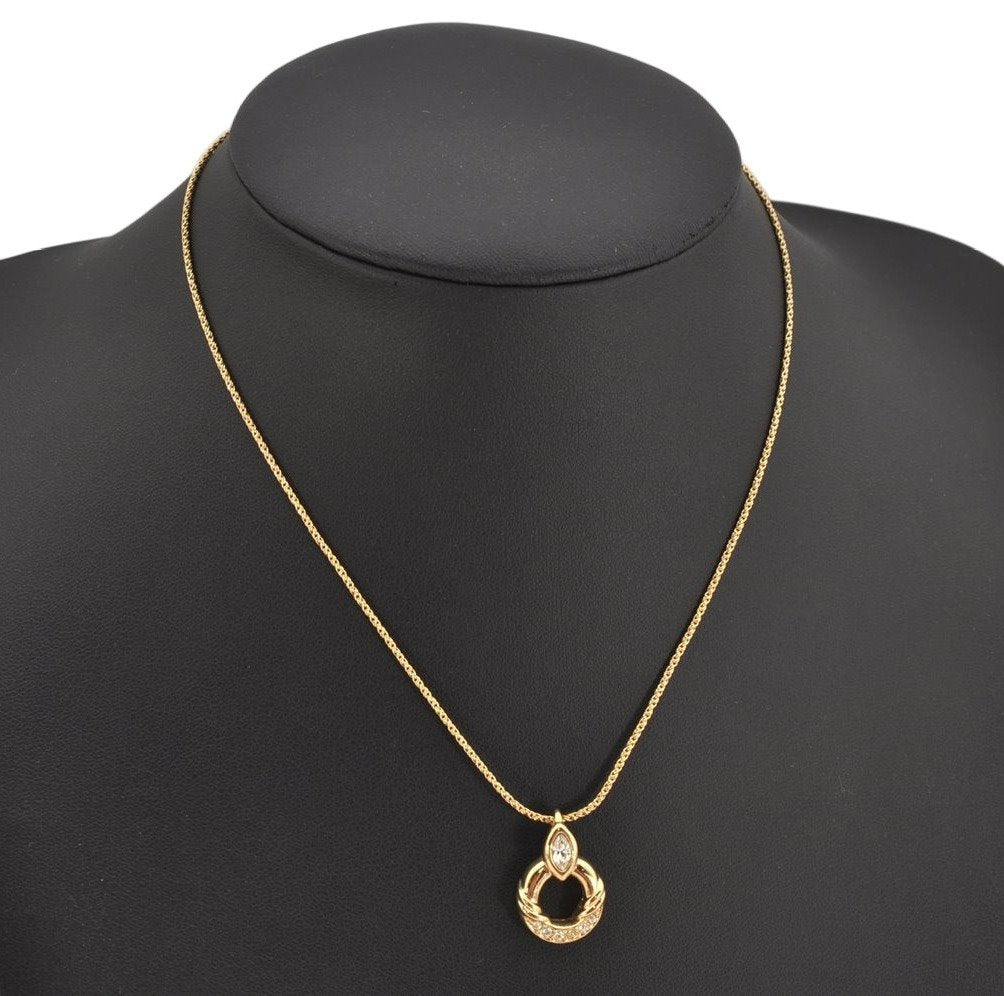 Authentic Christian Dior Gold Tone Chain Rhinestone Pendant Necklace CD 0456K