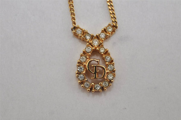 Authentic Christian Dior Gold Tone Chain Rhinestone Pendant Necklace CD 0458K