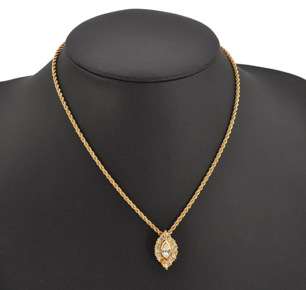 Authentic Christian Dior Gold Tone Chain Rhinestone Pendant Necklace CD 0459K