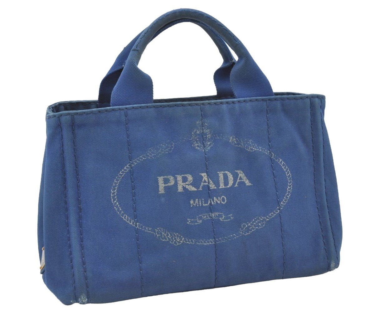 Authentic PRADA Vintage Canapa SS Canvas Tote Hand Bag Purse Blue 0462J