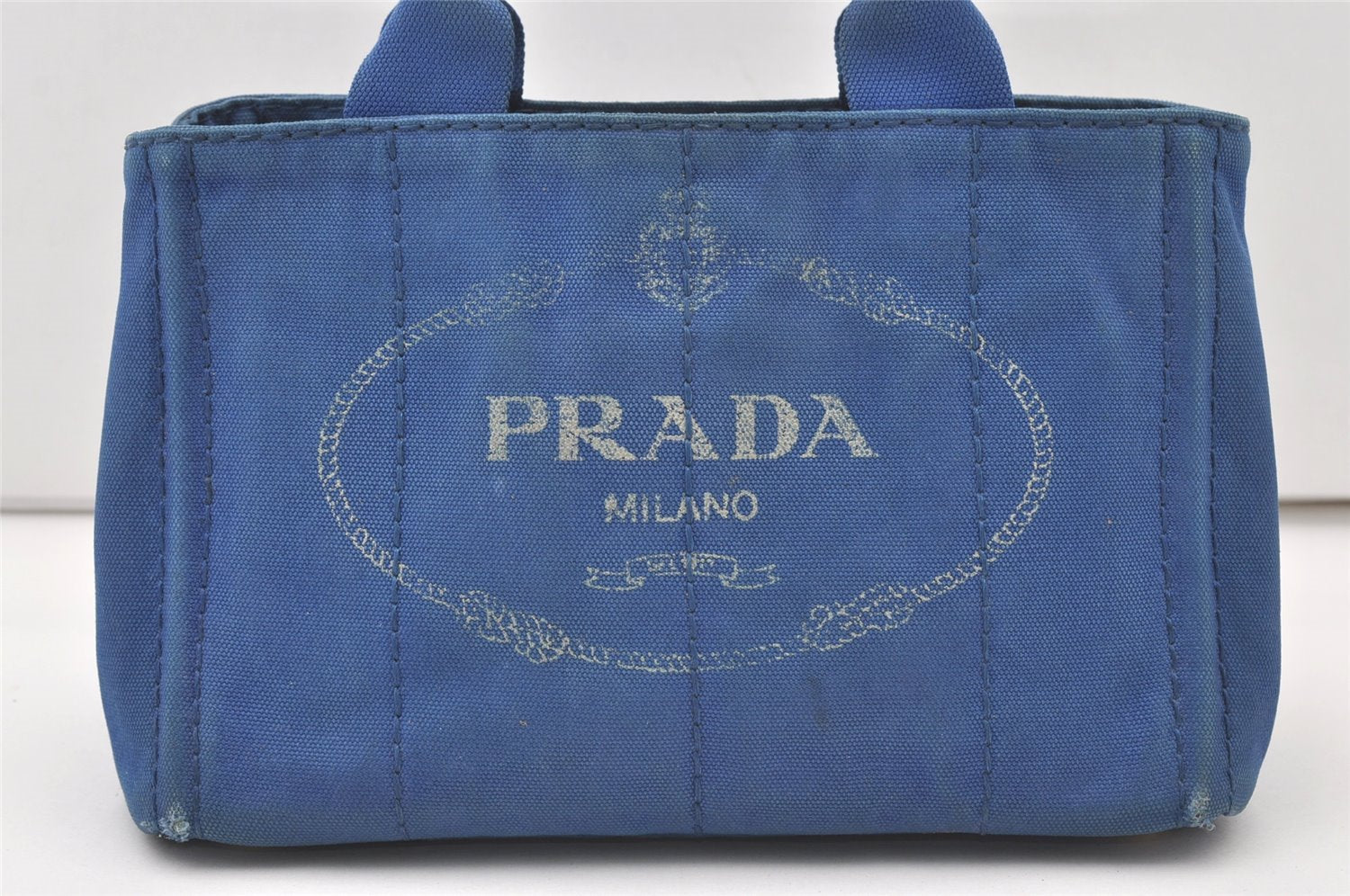 Authentic PRADA Vintage Canapa SS Canvas Tote Hand Bag Purse Blue 0462J