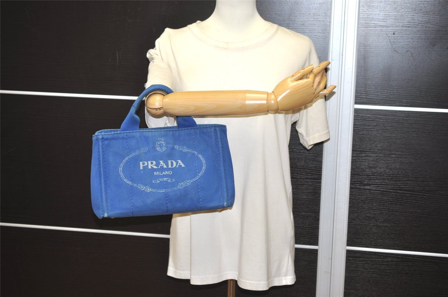 Authentic PRADA Vintage Canapa SS Canvas Tote Hand Bag Purse Blue 0462J