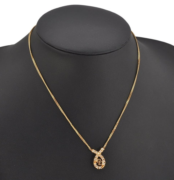 Authentic Christian Dior Gold Tone Chain Rhinestone Pendant Necklace CD 0464K