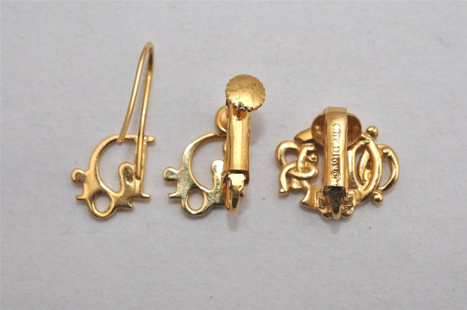 Authentic Christian Dior Logo Motif Clip-On Earrings Gold Tone 3Set CD 0465K