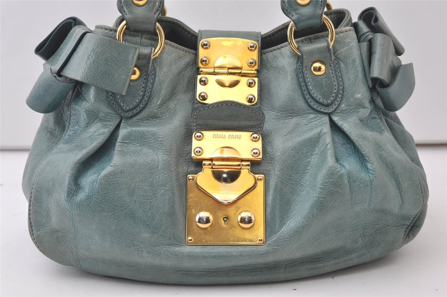 Authentic MIU MIU Vintage Leather 2Way Shoulder Hand Bag Purse Blue 0466J