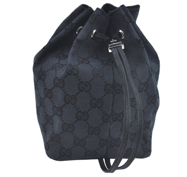 Authentic GUCCI Drawstring Hand Pouch Bag GG Canvas Leather 0390973 Black 0468J