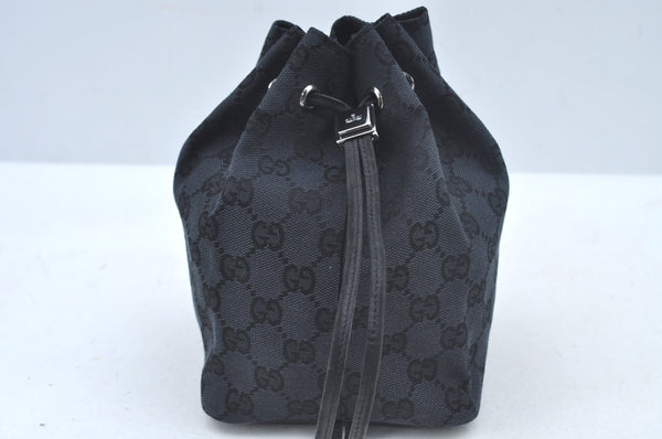 Authentic GUCCI Drawstring Hand Pouch Bag GG Canvas Leather 0390973 Black 0468J