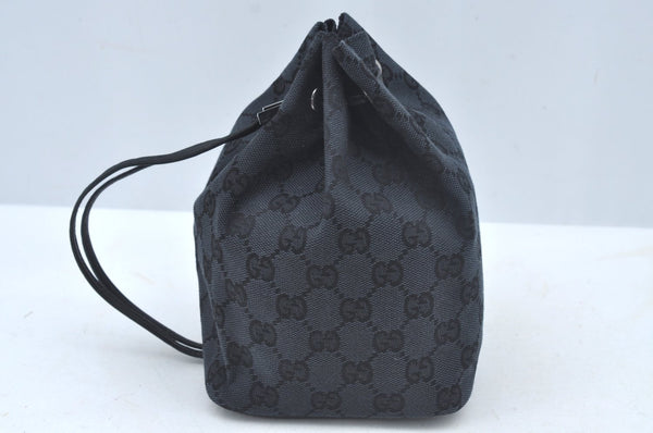 Authentic GUCCI Drawstring Hand Pouch Bag GG Canvas Leather 0390973 Black 0468J