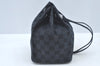 Authentic GUCCI Drawstring Hand Pouch Bag GG Canvas Leather 0390973 Black 0468J
